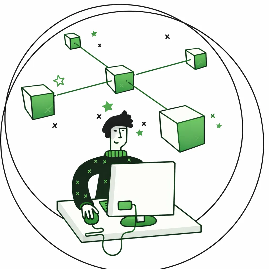 Ilustração de um profissional trabalhando em um computador, com um grafo de nós e arestas ao fundo, representando a transformação de ideias em crescimento estruturado.